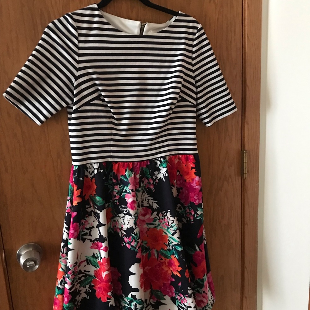 Eliza J Striped and Floral Fit and Flare Dress